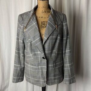 Escada Virgin Wool Black White Houndstooth Plaid Blazer Sz 46 XL Zipper Collar